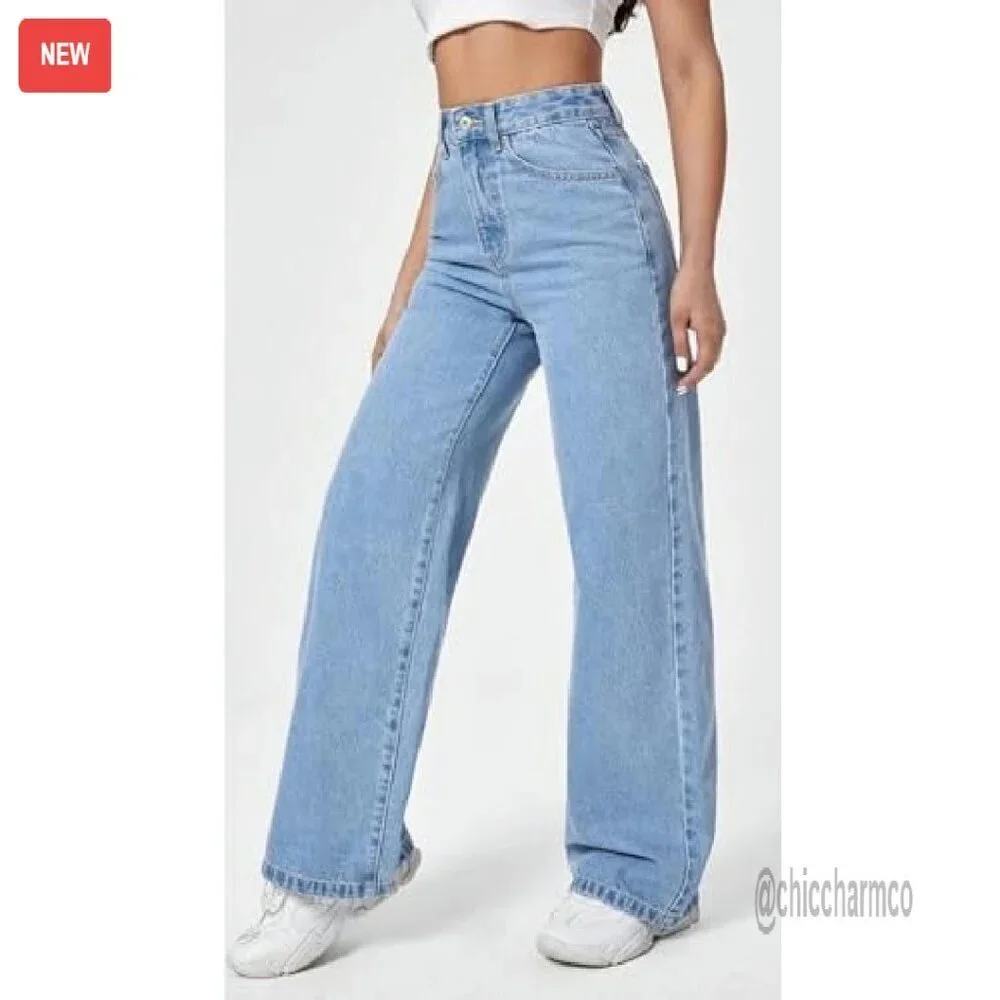 Wide Leg Straight Jeans High Waisted Stretchy Tummy Control Vintage